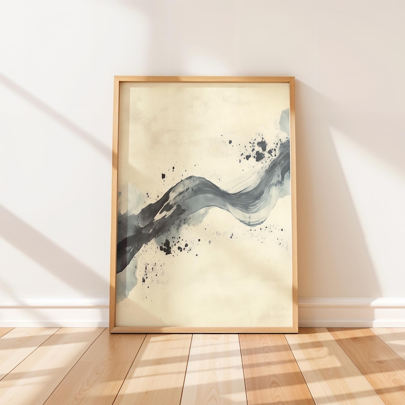 Minimalist abstract printable art for bedroom — calming gray and black tones with soft washes create an elegant and serene atmosphere.