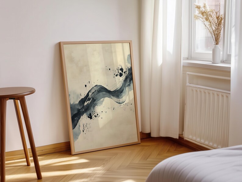 Bold black-gray brushstroke wall art for study — minimalism meets modern elegance with calm tones on warm cream paper.