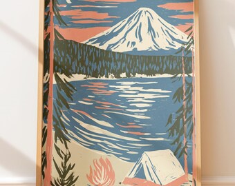 Tenda da campeggio vintage, lago di montagna, stampa retrò a blocchi, arte da parete a tema viaggio.