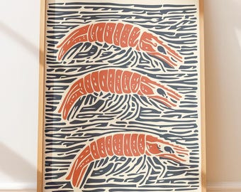 Stampa su linoleum di gamberi in stile arte popolare - Stampa rustica costiera, arte murale retrò, poster nautico vintage, arte in stile nativo, design western