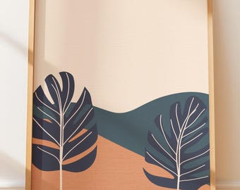 Arte mural con hojas de monstera, decoración moderna, ilustración de arte lineal, impresión tropical, arte mural botánico, decoración inspirada en la naturaleza, decoración del hogar