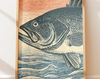 Sea Bass Vintage Poster - Nautical Folk Art, Retro Wall Art, Vintage Illustration, Native Style Block Print, Rustic Fish Art