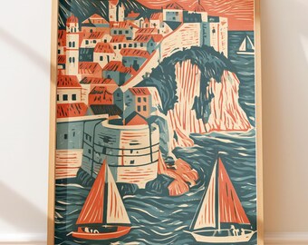 Póster vintage de Dubrovnik, Croacia, velero, viaje, arte popular retro, grabado en linóleo.