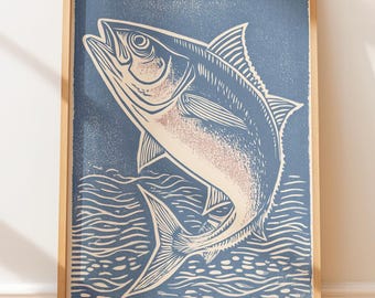 Sztuka vintage z nadrukiem blokowym z rybą królewską – smukła anatomia ryby, sztuka ludowa w stylu nadmorskim, retro linoryt, ilustracja w stylu marynistycznym i zachodnim