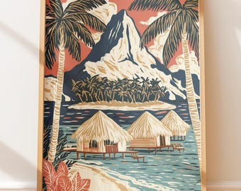 Bora Bora Tropical Lagoon, Retro Travel Poster, Vintage Illustration, Folk Art Block Print