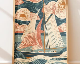 Póster vintage de velero con olas mediterráneas, grabado retro en linóleo, arte de viajes, ilustración náutica popular.