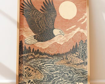 Folk Art Bald Eagle Print - Vintage Folk Wall Decor, Native Style Linocut Art, Rustic Outdoors Aesthetic, Retro Nature Scene 950