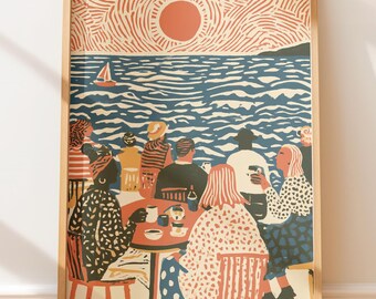 Vintage Poster Seaside Café Sunrise, Retro Travel Block Print Folk Art Illustration
