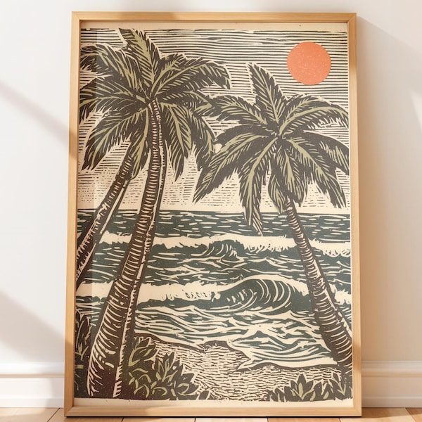 Vintage Palm Trees Over Ocean Scene - Tropical Retro Wall Art, Coastal Beach Illustration, Native Style Art with Sun and Surf Waves