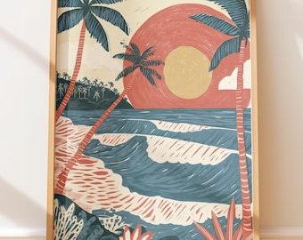 Póster vintage de playa tropical costera, grabado retro en linóleo para pared, ilustración de viaje de arte popular.