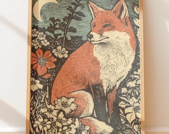 Folk Art Print of Sitting Red Fox - Rustic Folk Style, Outdoors Aesthetic, Native Style Folk Art, Vintage Linocut Art, Calm Vibe 936