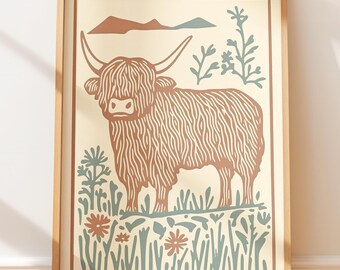 Highland Cow Folk Art Print - Rustic Folk Style Linocut Art, Cottagecore Cow Decor, Vintage Farmhouse Wall Art, Outdoors Aesthetic