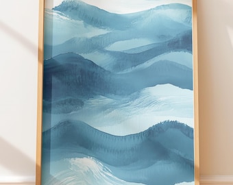 Ruhiger abstrakter Meereswellendruck - ruhige minimalistische Küstenkunst, handgemalte Aquarelltextur, nautisches Wanddekor