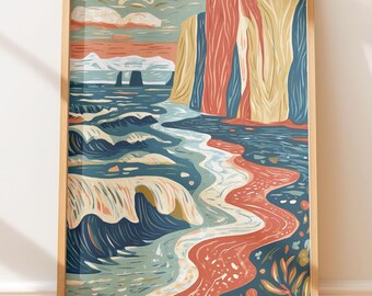 Playa de arena negra de Islandia, ilustración retro en linóleo, póster de viaje vintage de arte popular.