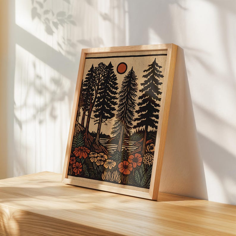 Earthy woodland art for hallway — stylized trees and tranquil shoreline create a moody nature aesthetic perfect for modern boho interiors.