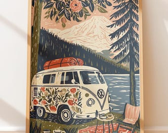 Poster vintage, camper retrò, lago alpino, viaggio, arte popolare, stampa a blocchi.