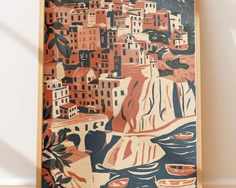Póster vintage de Cinque Terre, Italia. Pueblo costero. Ilustración retro de viaje. Arte popular. Impresión en bloque.