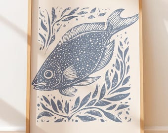 Vintage Mahi Mahi Fish Block Print - Retro Wall Art, Classic Coastal Home Decor, Native Style Art, Vintage Illustration, Folk Art