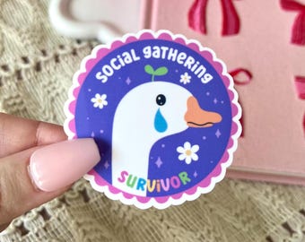 Social Gathering Survivor Sticker | Waterproof | Mental Health | Cute, Introvert Aesthetic, Cartoon Goose | Kindle, Water Bottle Decal |