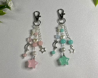 Celestial Star Beaded Charm Keychain | blue or pink | kawaii, cute, ethereal, aesthetic bag charm | charms | layered keychain |