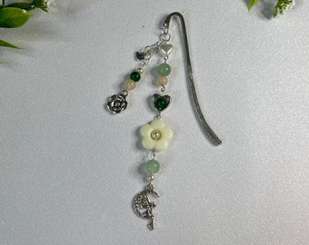 Fairy Charm Flower Beaded Metal Bookmark Hook | Fairycore, Cottagecore, Aesthetic, | Green and Neutral beaded| Gifts for Book Lovers |