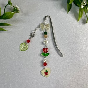 Strawberry Leaf Beaded Charm Metal Bookmark | Cottagecore, Fairycore, Aesthetic | Bookmark Hook | Gifts for Book Lovers | Gift for Her