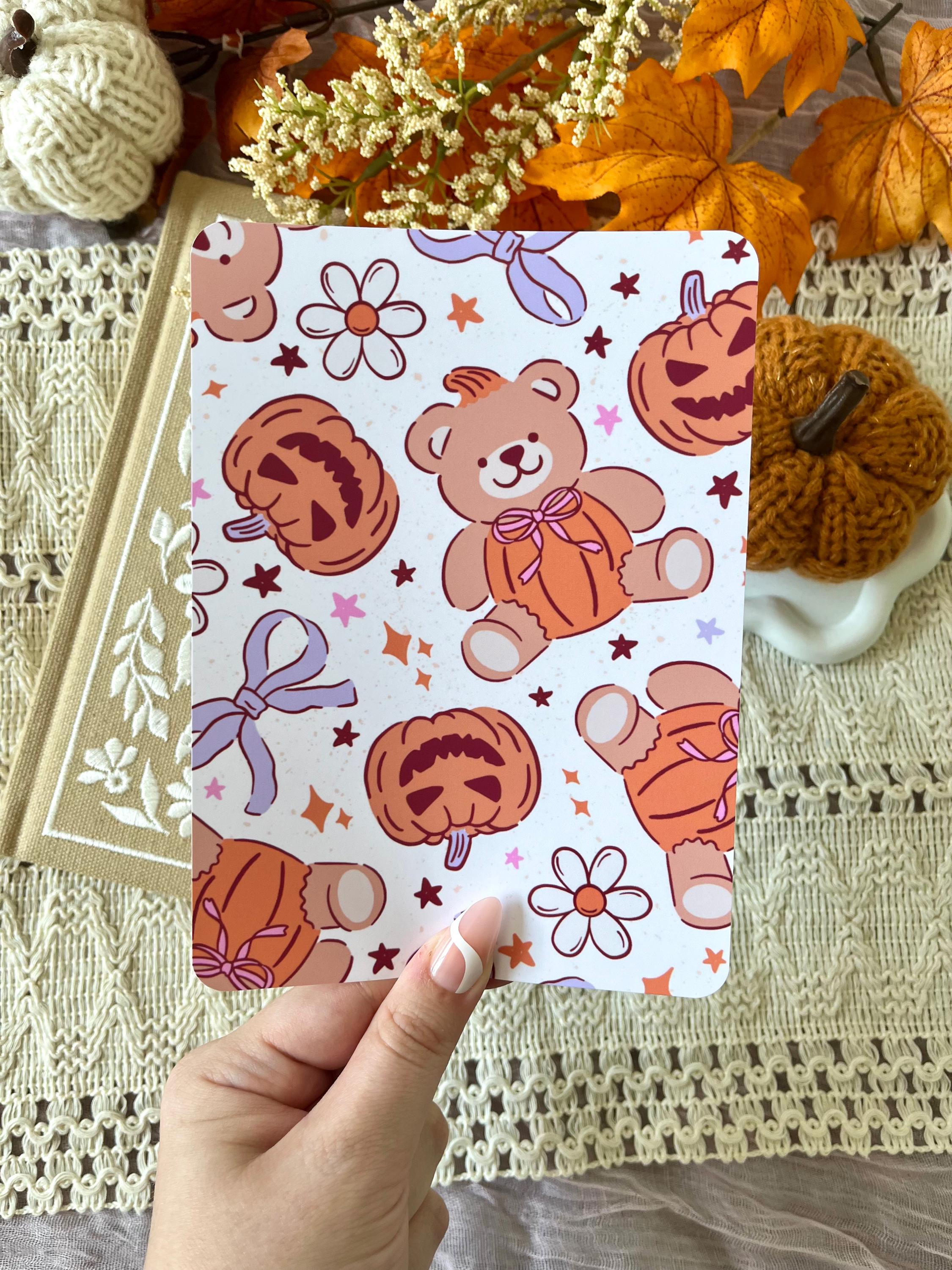 Halloween Teddy Bear Kindle Insert Fall, Autumn, Pumpkin, Girly, Bow, Coquette Kobo, E-Reader, Bookish, iPad Accessory