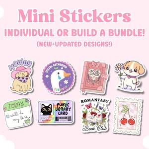 May include: A set of ten mini stickers featuring various cute illustrations. The stickers include a dog wearing a cowboy hat, a goose, a book with a heart, a dog holding a flower, a cat, a library card, a book with a sword, and a cherry. The stickers are perfect for adding a touch of whimsy to laptops, water bottles, journals, and more.