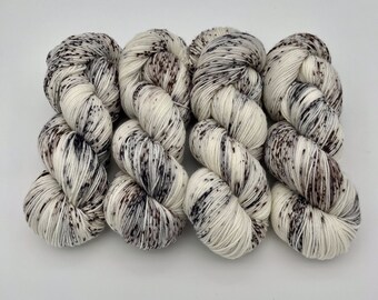 Hand Dyed Yarn, Snowy Owl, Fingering Weight, DK Weight, Superwash Merino Nylon, Black Brown Speckles, Sock Yarn, Knitting, Knit Crochet Gift