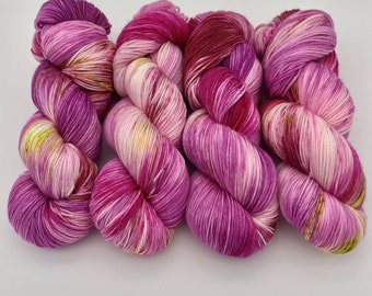 Hand Dyed Yarn, Fireweed, Fingering Weight, DK Weight, Superwash Merino Nylon, Pink Yarn, Green Speckles, Sock Yarn, Knit Crochet Gift