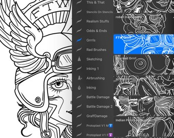 Inkmaster Ryan Eternal Procreate 15 pack brushset handrawn custom flash, girls, pinups, line work, Tattoo art, procreate Tattoo brush stamps