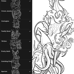 Puede incluir: Ilustración en blanco y negro de línea de arte de un calamar con tentáculos envueltos alrededor de una gran ola estilizada. El calamar está mirando hacia el lado izquierdo de la imagen. La ola está en el fondo y tiene un diseño estilizado y fluido. La imagen es un diseño de tatuaje.
