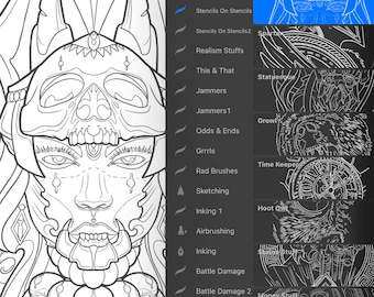 Inkmaster Ryan Eternal 21 pack procreate brushset, procreate brushes, line work, Tattoo designs, stencils, Tattoo art, brushpack, stamps