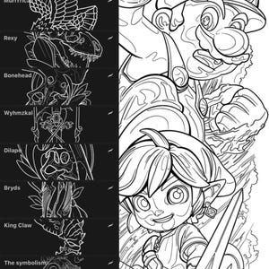 May include: Black and white line art illustration of a video game character with a sword and shield. The character is wearing a green tunic and a cap. The character is standing in front of a background of stylized lines and shapes.