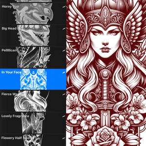 May include: A detailed illustration of a woman with long flowing hair, wearing a helmet with wings, and a sword. The image is in shades of red and white, with floral elements at the bottom. The text "In Your Face" is visible.