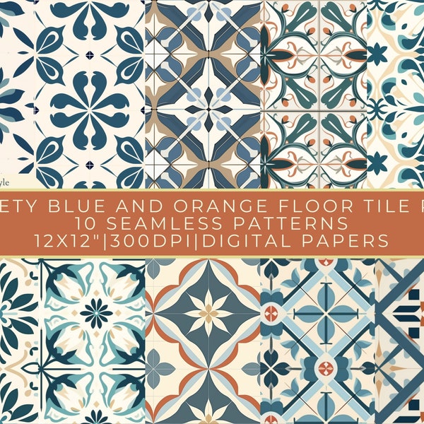 10 Variety Blue and Orange Floor Tile Seamless Patterns Digital Bundle, Vintage Digital Paper Pack, Geometric Pattern, Wallpaper