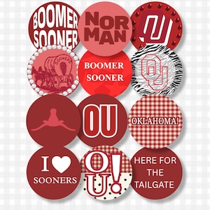May include: A collection of twelve circular buttons featuring various designs in shades of red and white. The buttons display text including BOOMER SOONER, NORMAN, OKLAHOMA, I heart SOONERS, and HERE FOR THE TAILGATE, alongside graphics of a wagon and the OU logo.