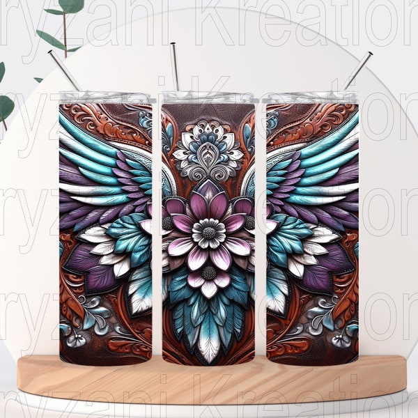 3d Floral Angel Wings - Leather & Metal - Embroidered Textured Fabric Canvas - 20 Oz Skinny Tumbler Wrap - Sublimation PNG - Wall Art - Cup