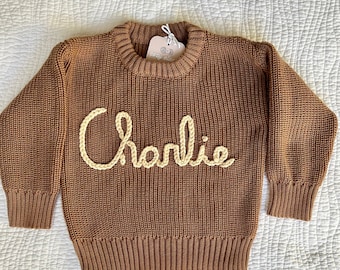 Personalized Embroidered Baby and Toddler Knit Sweater in Tan