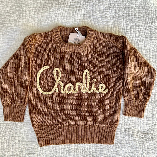 Personalized Embroidered Baby and Toddler Knit Sweater in Tan