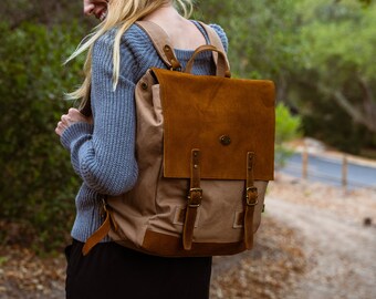 Valley Oak Backpack - Canvas Leather Backpack, Travel Bag Hiking Backpack Modern Canvas Backpack Large Travel Backpack Daypack | TSD Brand