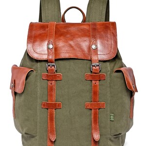 Hosta Valley Backpack, Leather Canvas Backpack, Travel Bag Hiking Backpack Modern Canvas Backpack Large Travel Hiking Daypack TSD Brand Olive