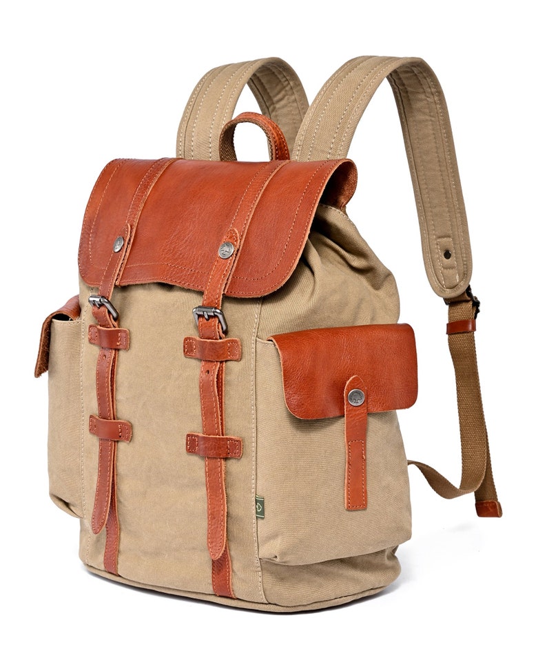 Hosta Valley Backpack, Leather Canvas Backpack, Travel Bag Hiking Backpack Modern Canvas Backpack Large Travel Hiking Daypack TSD Brand image 2