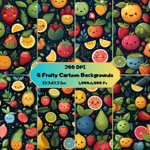 Op de afbeelding: Een digitale collectie van acht fruitige cartoonachtergronden met diverse lachende vruchten zoals aardbeien, sinaasappels en limoenen op een donkere achtergrond. Tekst: 300 DPI, 8 Fruity Cartoon Backgrounds, 13.3x13.3 Inc, 4000x4000 Px.