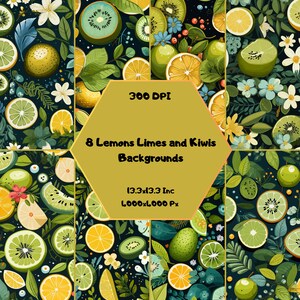 Op de afbeelding: Acht digitale achtergrondafbeeldingen met een naadloos patroon van citroenen, limoenen en kiwi's op een donkergroene achtergrond. De tekst "300 DPI", "8 Lemons Limes and Kiwis Backgrounds", "13.3x13.3 Inc" en "1000x1000 Px" wordt weergegeven in een gouden zeshoek.