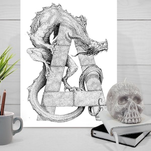 May include: Black and white line art drawing of a dragon curled around a stone pillar. The dragon is depicted in a detailed, realistic style.