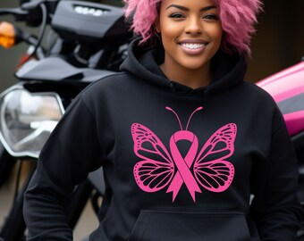 Breast Cancer Ribbon Hoodie, Breast Cancer Shirt, Fighter Hoodie, Breast Cancer Awareness Hoodie, Pink Butterfly Shirt, Cancer Shirt, Cancer