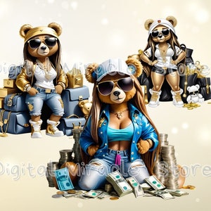 Meisje teddybeer, geld teddybeer, vrouwelijke hiphopberen, vrouwelijke teddybeer, teddybeer met kleding, stedelijke meisje PNG, teddybeer graffiti