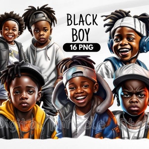May include: Digital illustration of six Black boys with different hairstyles and clothing. The boys are wearing various accessories, including hats, headphones, and necklaces. The image is titled "Black Boy" and includes the text "16 PNG".