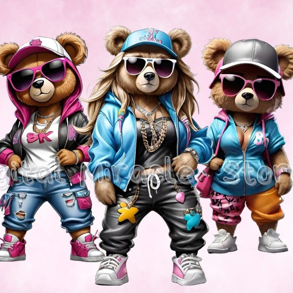 Mädchen-Teddybär, weibliche Hip-Hop-Bären, weiblicher Teddybär, Teddybär mit Kleidung, Urban Girl PNG, Hip Hop-Teddybär, Teddybär-Graffiti